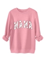 Gros plan du sweat rose MAMA avec texture de couture de baseball sur fond blanc - Pêche