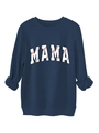 Détail du sweat-shirt bleu marine avec imprimé MAMA, coutures de baseball et texture des manches - Bleu Marine