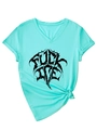 Detail eines aquablauen V-Ausschnitt T-Shirts mit Rollärmeln und modischem Knotendesign - S / Tiefwasserblau (Schwarzer Druck)