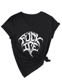 Gros plan sur un T-shirt noir à col en V avec imprimé gothique et nœud latéral stylé - Noir (Imprimé Blanc)