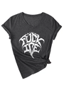 Détail d'un t-shirt gris à col en V montrant la maille et l'imprimé graphique devant - Gris Chiné (Imprimé Blanc)