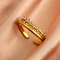 Double-layered gold-plated open ring featuring a smooth band and a sparkling zircon row - Gold Double Layer Starburst Rhinestone (N6111)