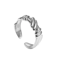 Minimalist adjustable silver stainless steel ring with elegant ribbed geometric texture - Silver Wave Style (N6966)