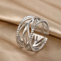 Silver adjustable open ring with hollow leaf design and beaded edge detail - Hollow Leaf Style (N6214) / Silver