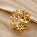 Adjustable gold honeycomb hollow ring with beaded texture and minimalist open design - Honeycomb Hollow Bead Style (N6321) / Gold
