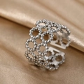 Silver hollow mesh woven ring with adjustable open band for women in stainless steel - Hollow Round Ball Woven Style (N6322) / Silver