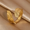 Elegant 18k gold plated stainless steel open ring featuring a detailed angel wing design - Double Wing Style (N6525)