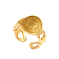 Retro gold stainless steel open ring with sunburst engraving and hollow chain band - Golden Sunburst Heart Style(N7963)