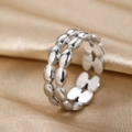 Adjustable silver tone ring with double-row intertwined oval bean design for women - Double Row Interleaved Oval Bean Style (N6366)