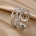 Silver multi-layer stainless steel open ring with hollow flower and textured details - Multi-layer Floral Hollow Style (N6440)