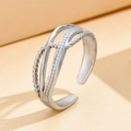 Adjustable silver stainless steel ring with multi-layer hollow wave and bead texture - Silver (N6846)