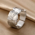 Adjustable silver stainless steel ring featuring unique pebble-like cell texture - Pebble Relief Texture Style (N6584)