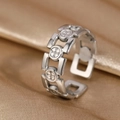 Silver vintage open ring with link chain structure and embossed cross motif decoration - Retro Cross Medal Style (N6708)