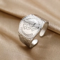 Adjustable silver coin ring with Queen Elizabeth relief and hammered texture finish - Vintage Coin Portrait Hammered Texture Style (N6702)