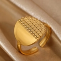 Adjustable 18k gold plated stainless steel ring with smooth and textured dot finish - Half Bead Contrast Style (N6741)