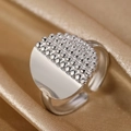 Adjustable silver 18k stainless steel ring with micro-bead and smooth mirror finish - Half Bead Contrast Style (N6742)