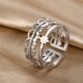 Adjustable silver layered ring with star detail and textured bands for women - Multi-layer Star Wave Bead Style (N6760)