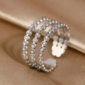 Three-layer silver beaded open ring in polished stainless steel with adjustable design - Three-layer Bead Texture Style (N6746)