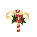 Close-up of golden Christmas napkin ring featuring candy cane and green holly details - Enamel Candy Cane Style