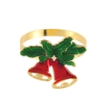 Detail of a gold metal Christmas napkin ring featuring red bells and green holly leaves - Enamel Double Bells Style