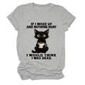 Detail of grey crewneck t-shirt with funny cat and coffee cup graphic print - Light Grey (Black Text)