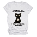 Detail of white cotton T-shirt featuring a cartoon black cat holding a coffee cup graphic - White (Black Text)