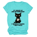 Detail of teal t-shirt featuring a cartoon cat with humor quote and coffee cup - Deep Water Blue (Black Text)