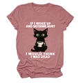 Detail of dusty rose T-shirt with funny black cat drinking coffee and witty quote print - Rose Gold (White Text)