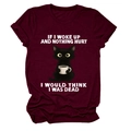Close-up of burgundy cotton T-shirt featuring a funny black cat and slogan print - Wine Red (White Text)