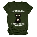 Flat lay detail of dark green cotton T-shirt featuring a funny black cat and coffee print - Army Green (White Text)