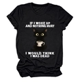 Detail of cartoon cat printing and humorous text on black women's cotton t-shirt - Black (White Text)