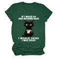 Detail of funny cartoon cat print and slogan on dark green cotton crew neck t-shirt - Retro Green (White Text)