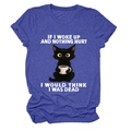 Detail of funny cartoon cat print and humorous quote on navy blue cotton T-shirt - Retro Blue (White Text)
