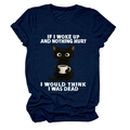 Detail of navy cotton t-shirt with funny cat and coffee print plus text graphic - Navy Blue (White Text)