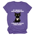 Detail of purple graphic tee showing gray heather texture and cartoon cat print - Purple (White Text)