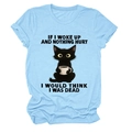 Light blue crew neck t-shirt with funny cat and coffee print flat lay on white background - Light Blue (Black Text)