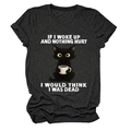 Detail of funny cartoon cat print and white text on charcoal grey cotton t-shirt - Heather Charcoal (White Text)