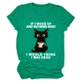 Detail of green cotton T-shirt featuring funny black cat drinking coffee and white text graphic - Ink Green (White Text)