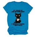 Detail of light blue cotton t-shirt featuring black cat coffee graphic and rolled cuffs - Lake Blue (Black Text)