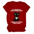 Detail of red crew neck t-shirt featuring a cartoon cat and funny quote graphic - Red (White Text)