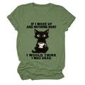 Close-up of funny black cat and coffee quote print on army green cotton t-shirt - Olive Green (Black Text)