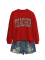 Detail of red crewneck sweatshirt with leopard print TEACHER text and denim shorts - S / Red