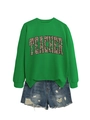 Flat lay of green crewneck sweatshirt with leopard print teacher text and denim shorts - S / Grass Green
