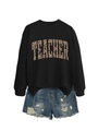 Detail of Teacher leopard print sweatshirt with distressed denim shorts on white background - Black