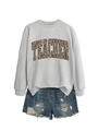Detail of grey teacher sweatshirt with leopard print text and ripped denim shorts - Gray