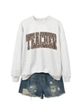 Close-up of gray crewneck sweatshirt with leopard print TEACHER lettering and denim shorts - Off-White