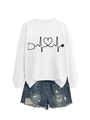 Detail of white sweatshirt with stethoscope heart print and distressed denim shorts - White (Black Print)