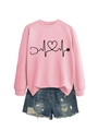 Pink crewneck sweatshirt with stethoscope heart print and distressed denim shorts set - Pink (Black Print)