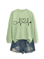 Detail of light green sweatshirt with heartbeat stethoscope print and ripped denim shorts - Olive Green (Black Font)