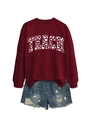 Detail of burgundy long sleeve sweatshirt with heart print and distressed denim shorts - Wine Red (White Font)